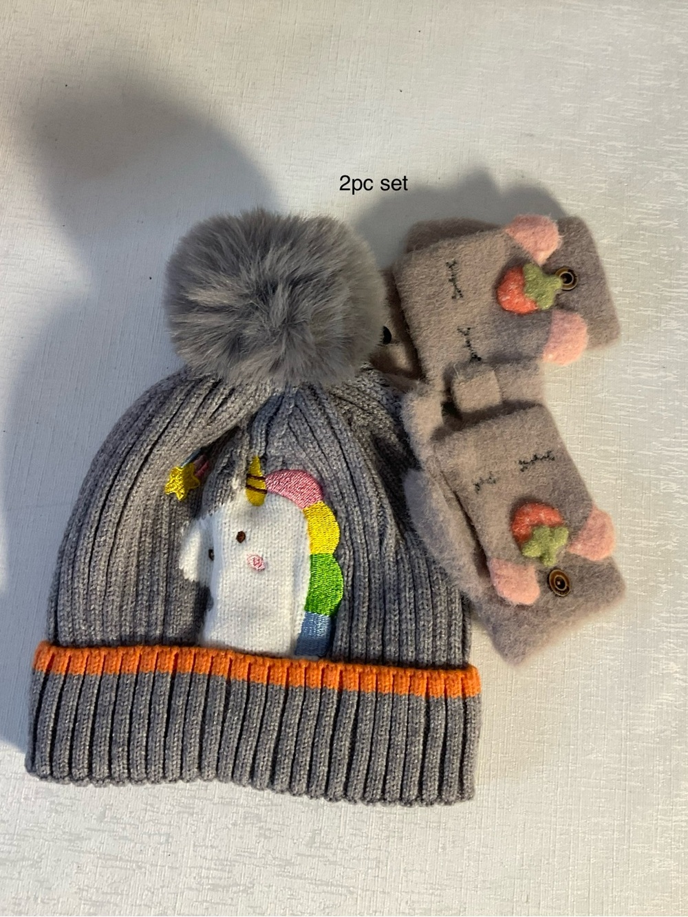 Kids Grey Unicorn Pom Pom Hat & Pink Fingerless Gloves Set